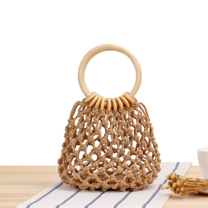 Tragetasche mit Handgeknüpftem Netzdesign und Holzgriff Brehn