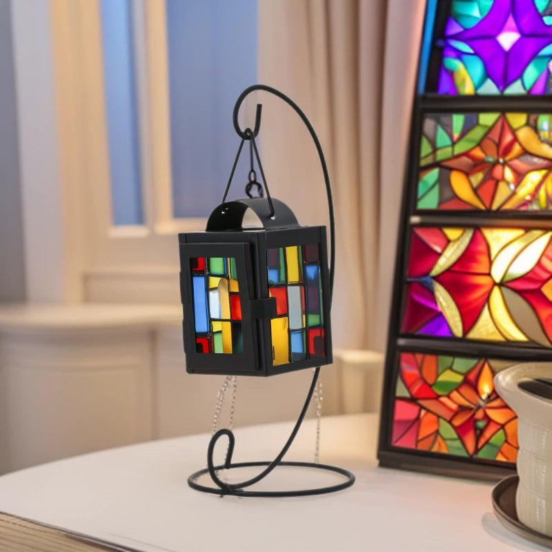 Buntglas-Mosaik-Hängeteelichthalter mit Metallrahmen Brehn