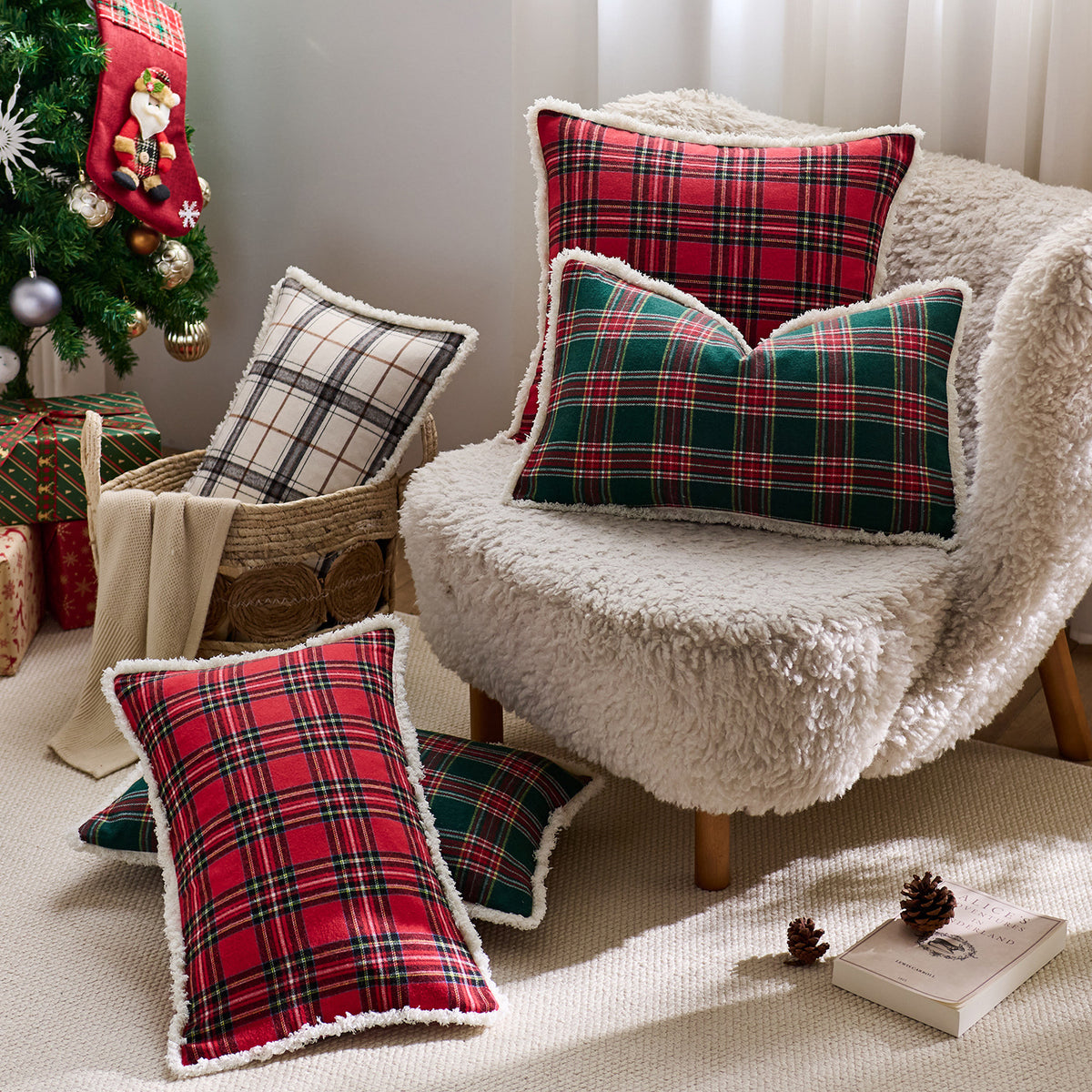 Plaid Sherpa-Trim Quadrat Dekorative Wurfkissenbezug