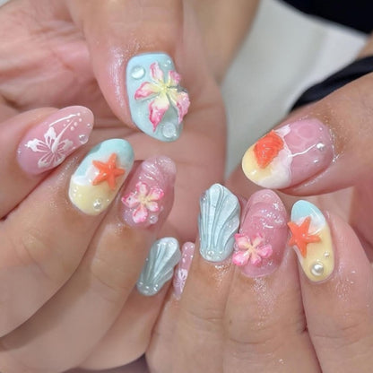 Künstlerisches, vom Ozean inspiriertes Press-On Nagelkunst Set Brehn