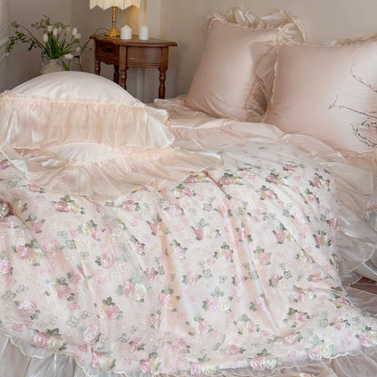 Vintage Floral Bestickte Rüschene Bettbezug & Organza Tagesdecke Ensemble