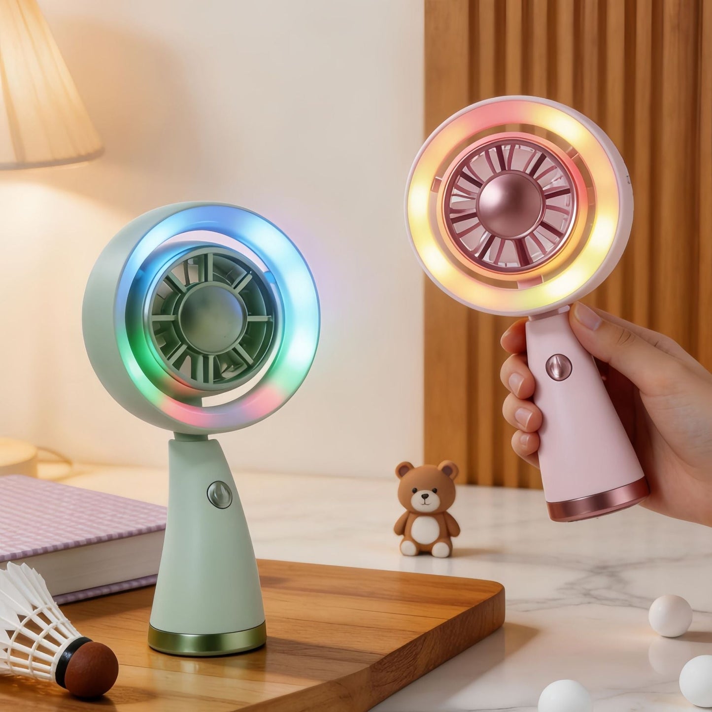 Frauen Tragbarer Mini Ventilator mit Bunt LED Licht Brehn