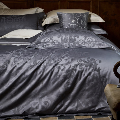 Luxuriöses Jacquard-Damaskus-Baumwollsatin-Bettbezug-Set mit Umschlag-Kissenbezügen