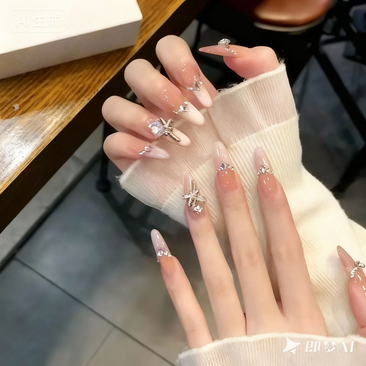 Kunstnagelset mit eleganten Kristallverzierungen und Ombre-Effekt Brehn