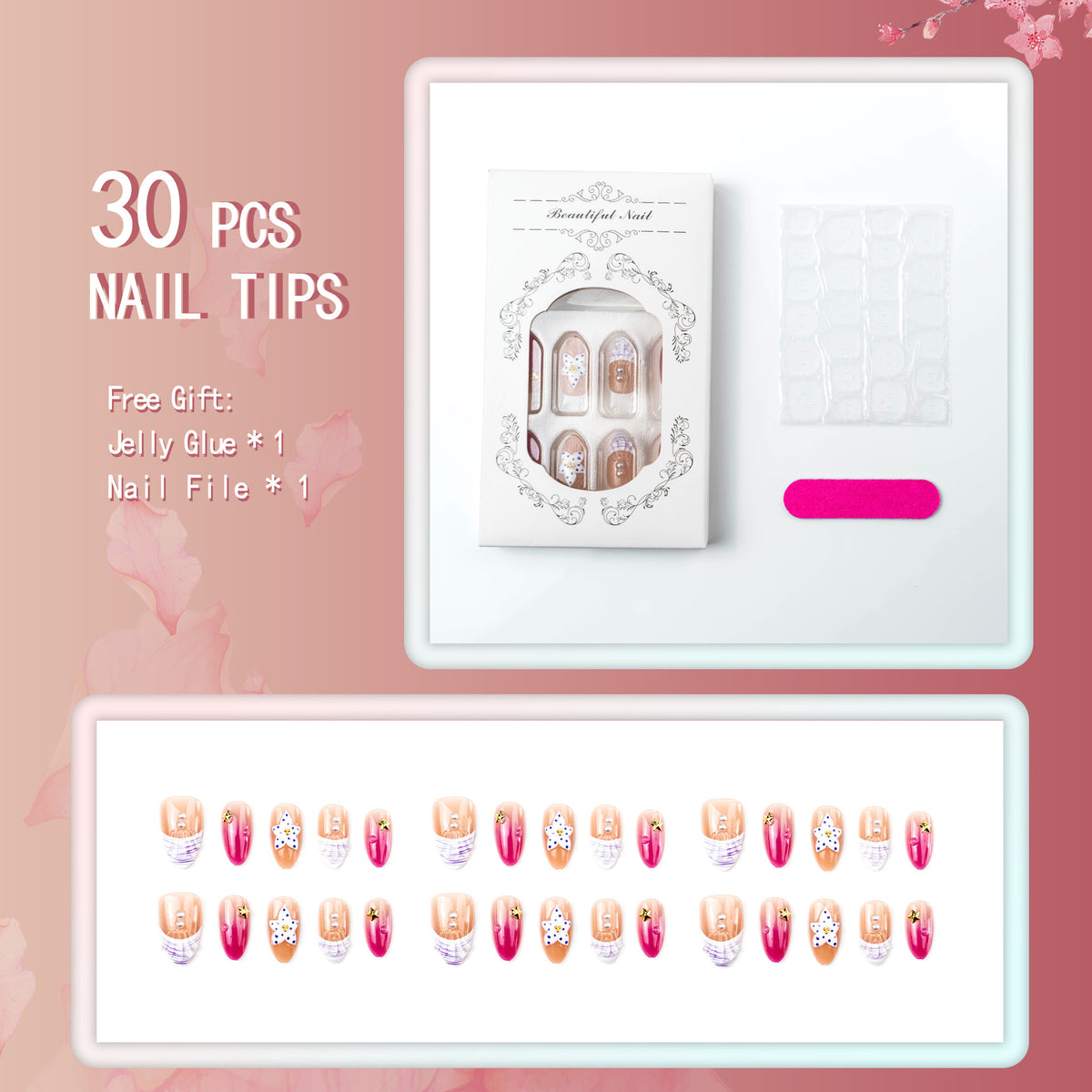 Künstlerisches Press-On Nagelset mit floralen und Perlenakzenten