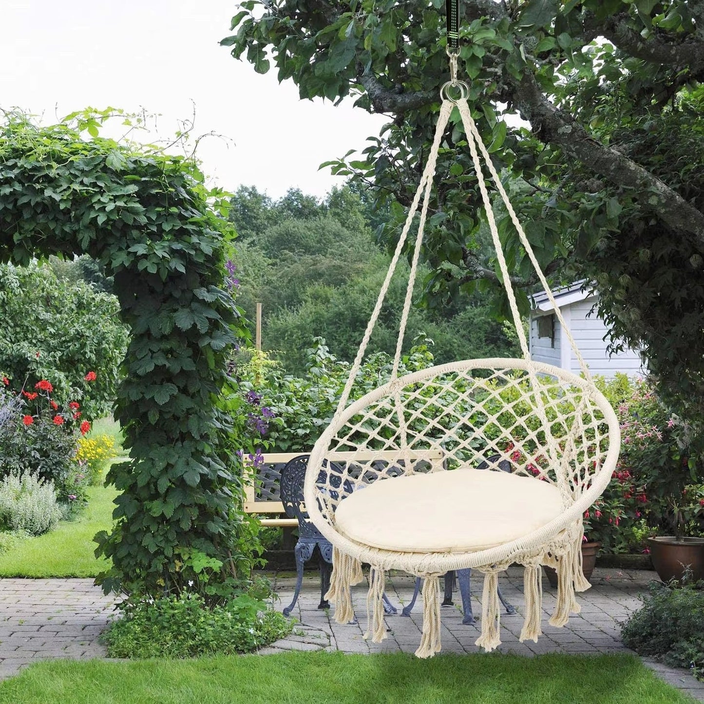 Macrame hängende Schwingstuhl boho gewebte Fransen Innen Außen Hängematte Sitz Brehn