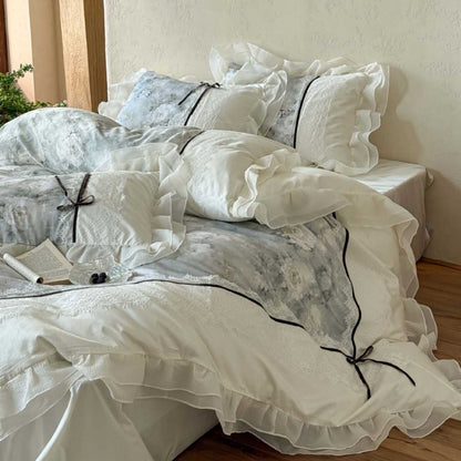luxuriöses romantisches Bettwäsche-Set mit Spitzenbordüre und Volants