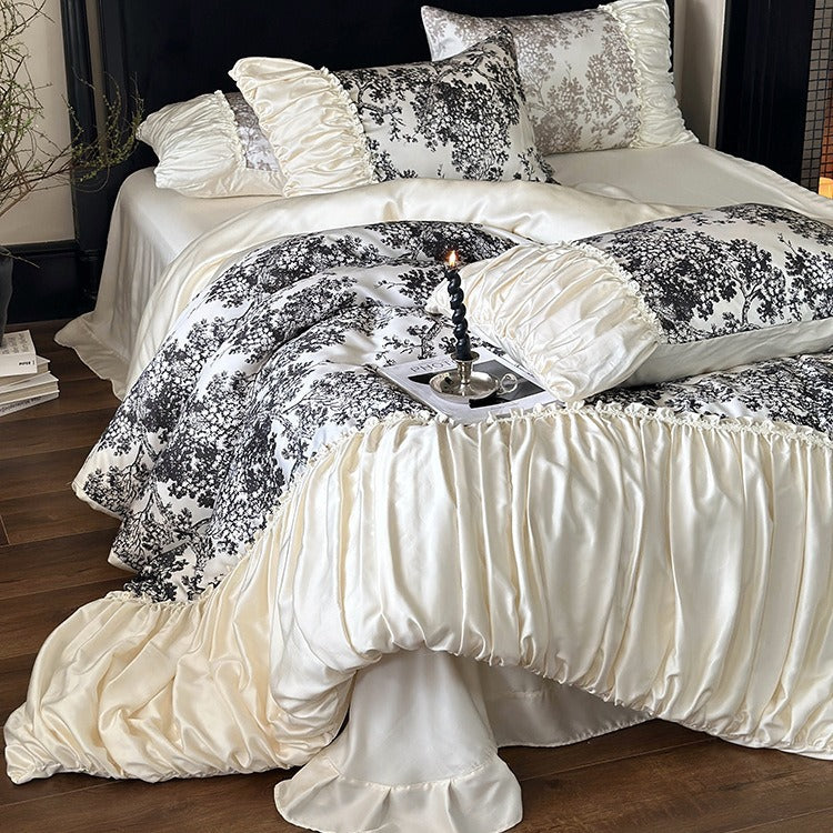 Premium-Baumwollsatin-Duvetbezug-Set mit gerafftem Volant und dekorativem Bettrock