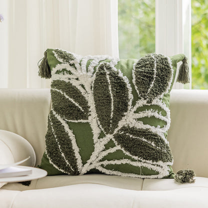 Quadratischer Kissenbezug mit reliefiertem Blatt‑Tufting und Chenille‑Applikation Brehn