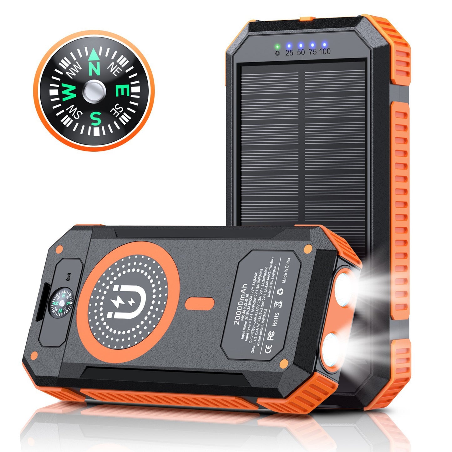 Tragbare Solar Powerbank mit LED-Licht und Kompass Brehn