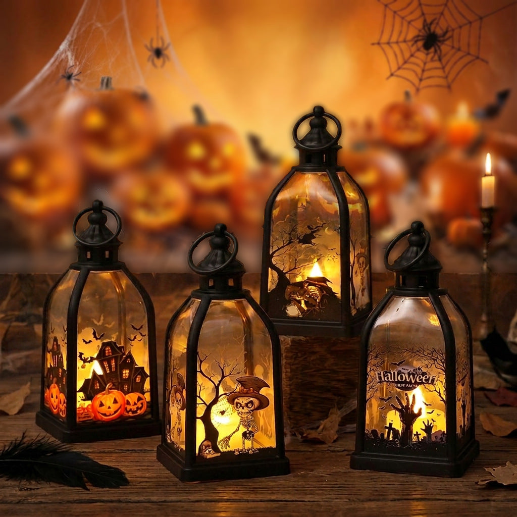 Halloween-Dekolaterne mit LED-Imitatkerze und Skelett-Glaseinsätzen antikoptik
