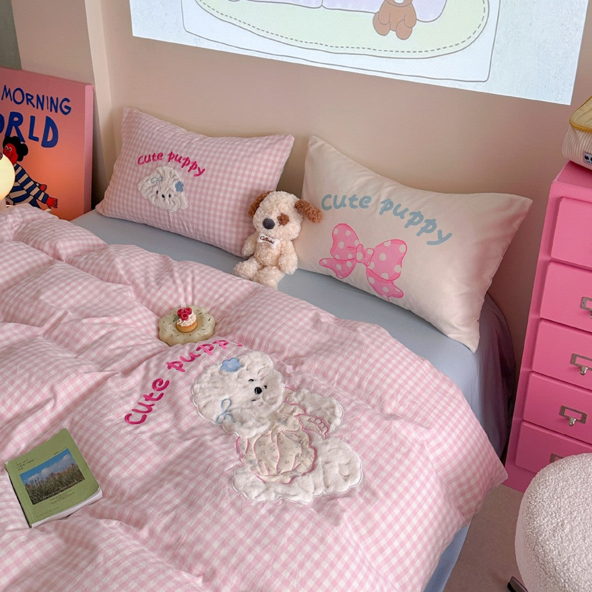 Kinderbettwäsche-Set mit gesteppter Plüsch-Hund-Applikation und Vichy-Karo