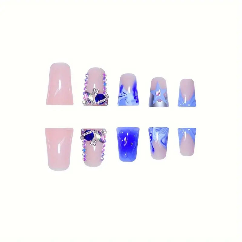 Künstlerisches Acryl Press-On Nagelset mit Edelsteinakzenten Brehn