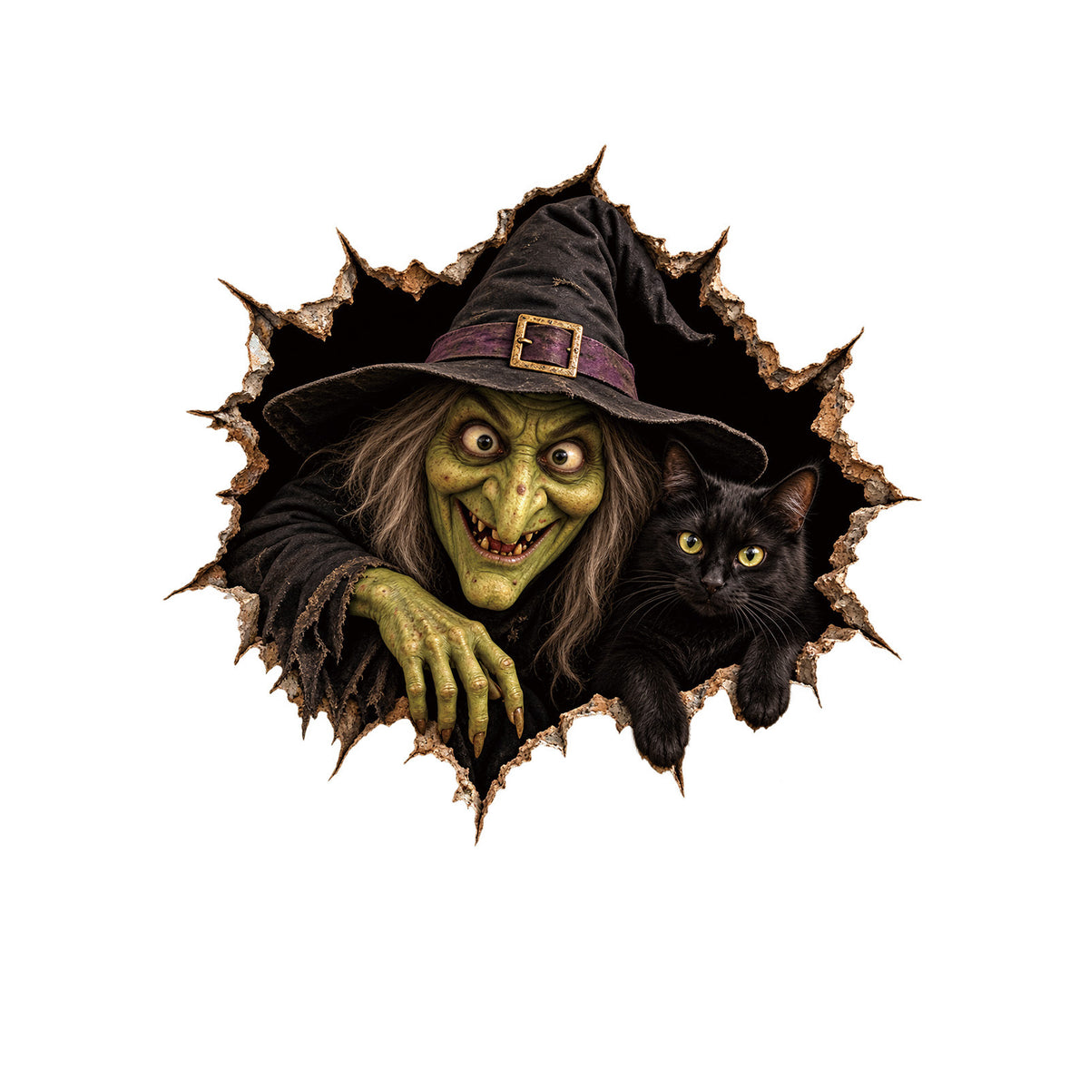 Realistisches 3D Wandtattoo Halloween‑Hexe mit durchbrechender Wand und Süßigkeiten