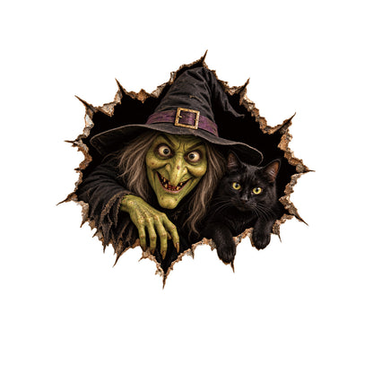 Realistisches 3D Wandtattoo Halloween‑Hexe mit durchbrechender Wand und Süßigkeiten