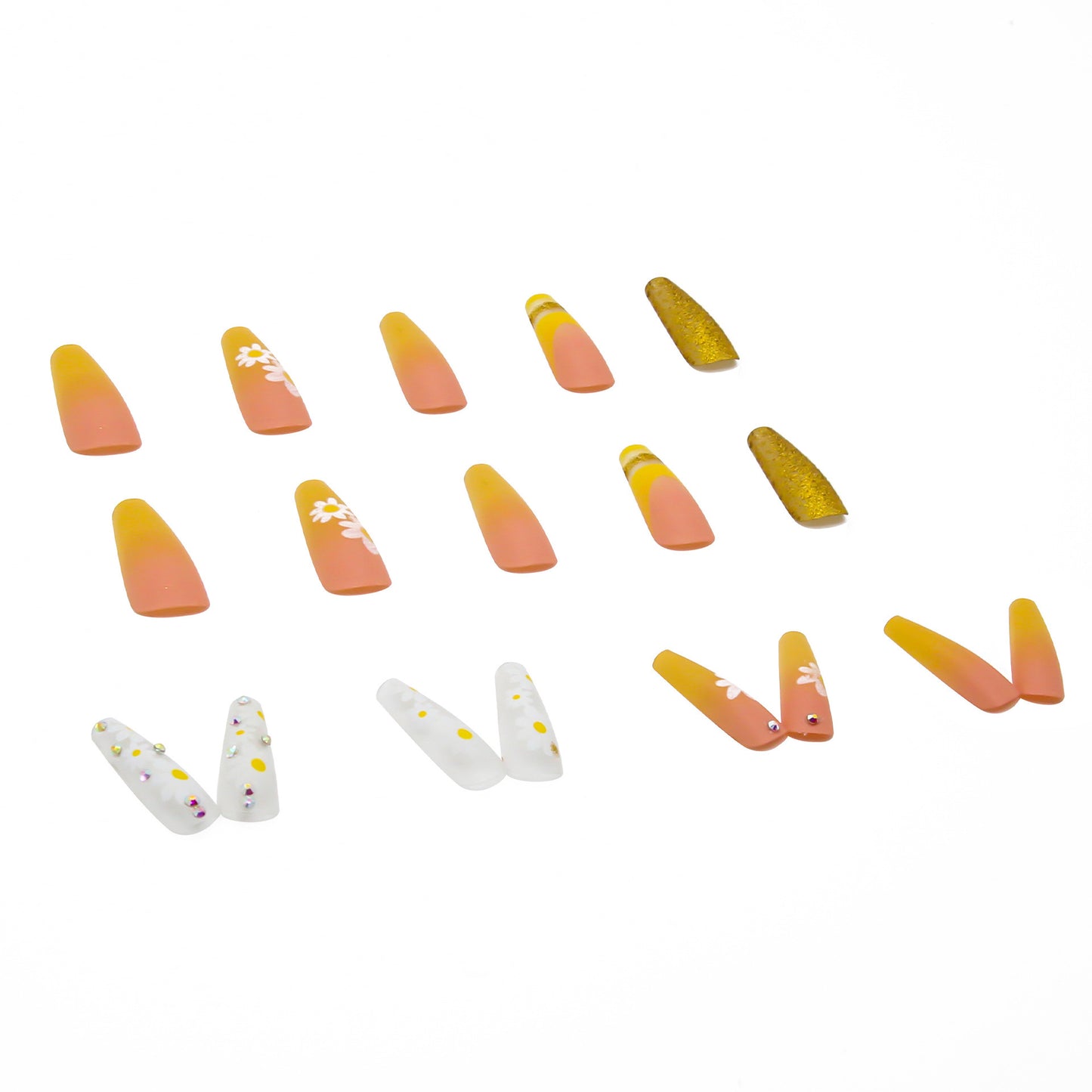 Kunstnagelset mit bunten Sonnenblumenmotiven und glitzernden Akzenten Brehn