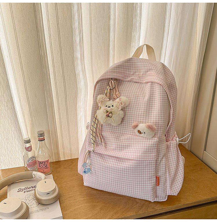 Niedlicher Gingham-Print Plüsch Schulranzen