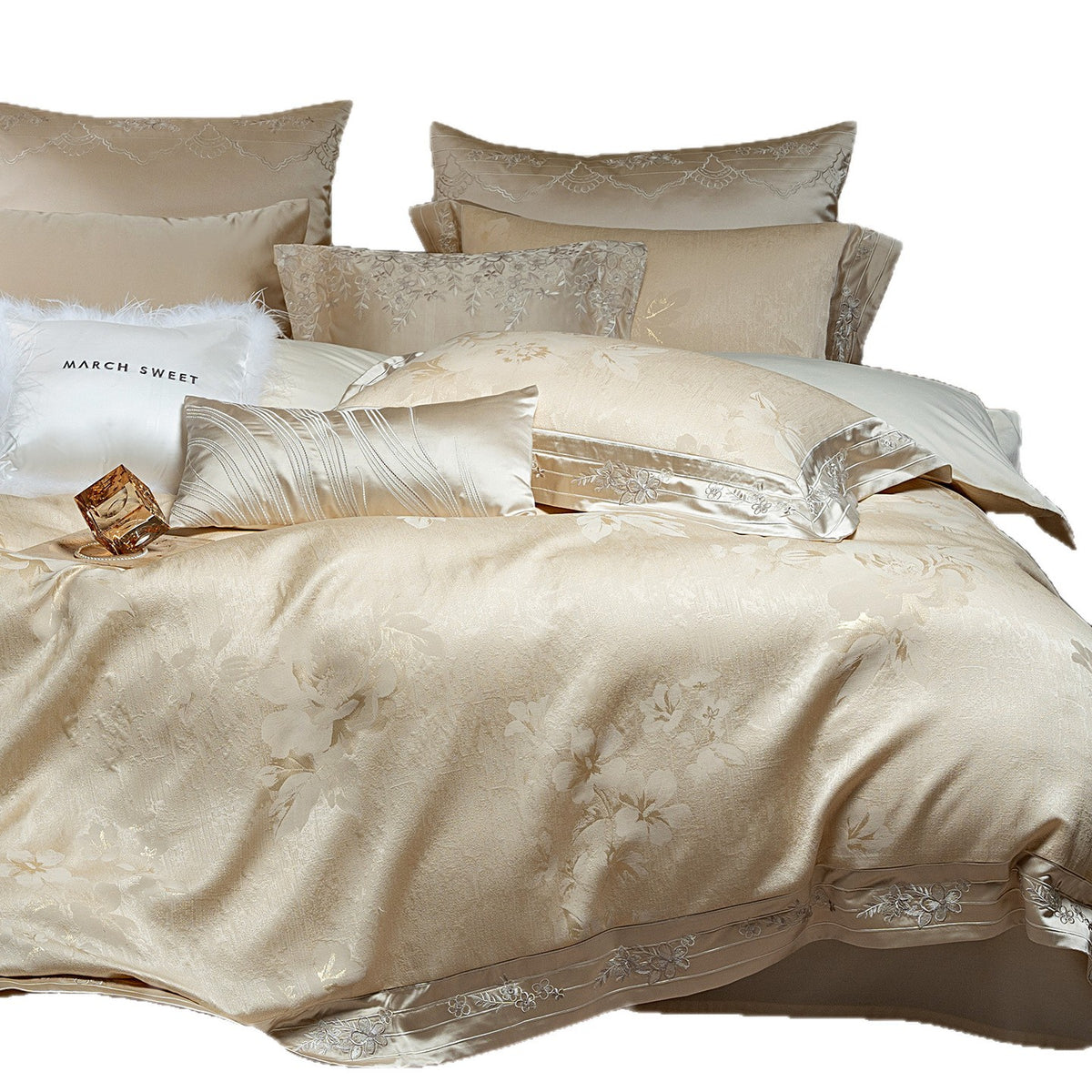 Luxuriöses Satin-Jacquard-Blumenbettwäsche-Set mit Bettdecke und Kissenbezügen