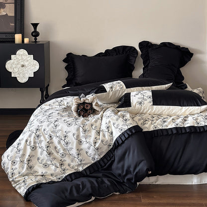 Luxuriöses Baumwoll-Satin Bettwäsche-Set mit Rüschen und zarter Blumenstickerei
