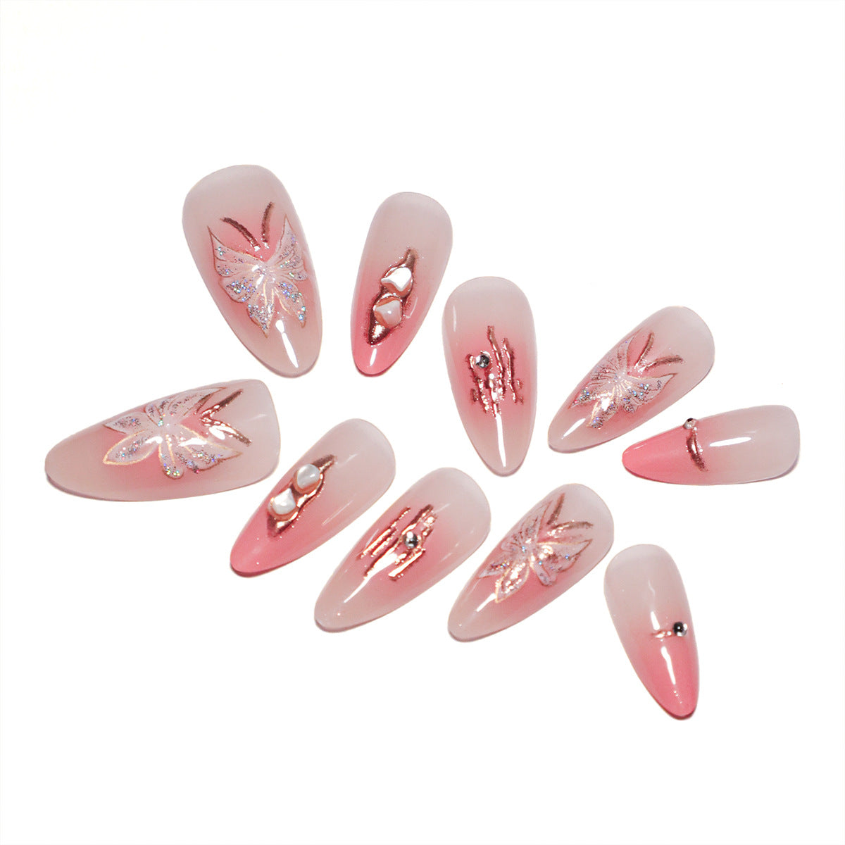 Künstliche Nagelverlängerungen mit floralen Motiven und Glitzerakzenten Brehn