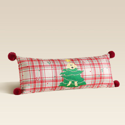 Langes dekoratives Lenden- und Nackenkissen im Weihnachts-Karo mit Pompon und Hund‑Baum‑Motiv Brehn