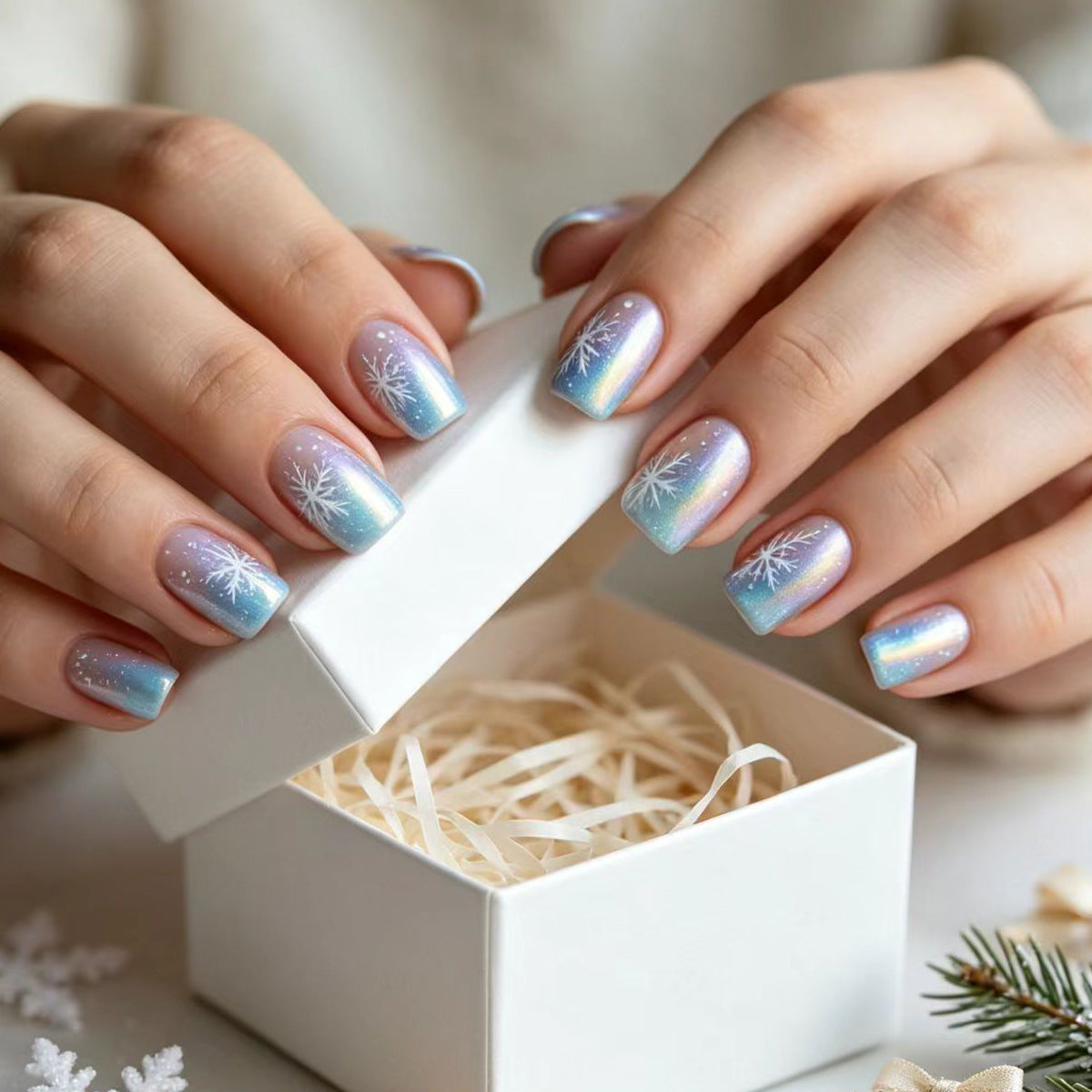 Winterliche Kunstnägel mit Schimmerndem Schneeflocken-Design Brehn