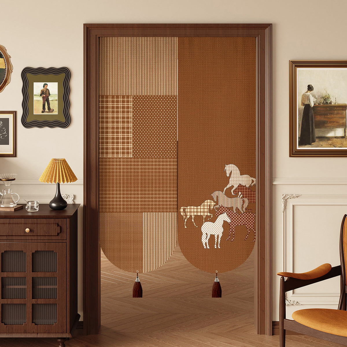 Decorative Cotton-Linen Split Door Curtain with Equestrian Print and Tassel Weights