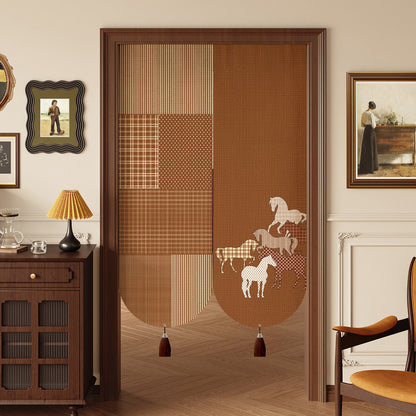 Decorative Cotton-Linen Split Door Curtain with Equestrian Print and Tassel Weights