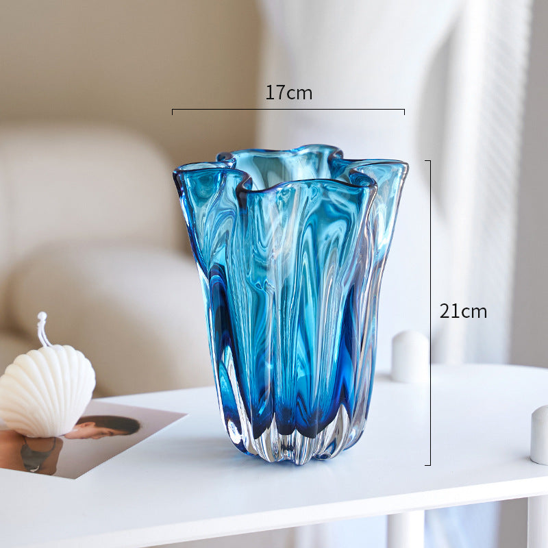 Mouth-blown gerippte Blütenrand dekorative Glas Tischvase Brehn