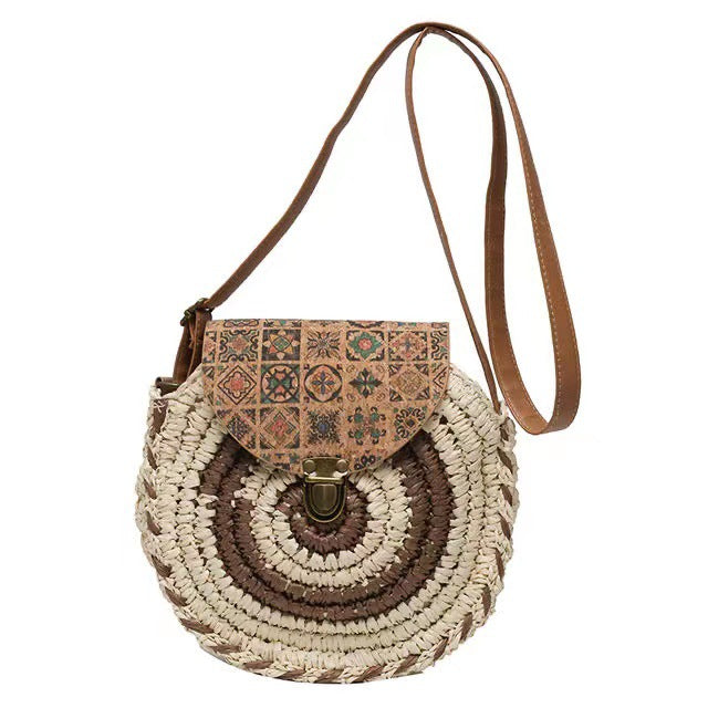 Runde Basttasche mit Verstellbarem Lederband Brehn