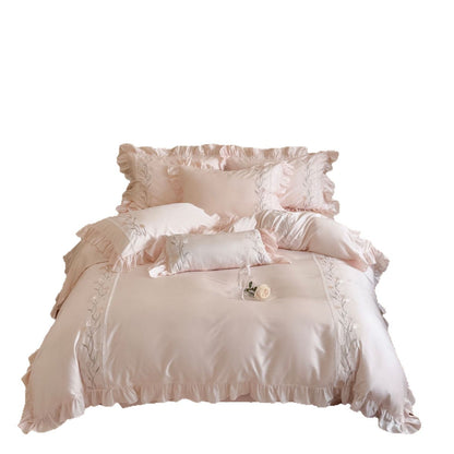 Luxuriöses Satin-Bettwäsche-Set mit Rüschen und Blumenstickerei
