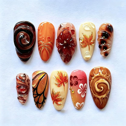 Herbst-inspirierte künstlerische Press-On-Nagel-Set Brehn