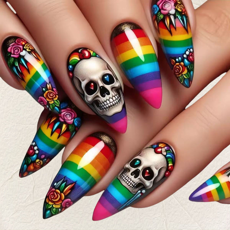 Kreative Kunstnägel im Totenkopf- und Regenbogen-Design Brehn