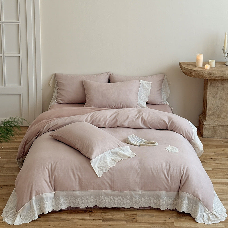 Rüsch Lace-Trim Baumwolle Duvet Cover Bettwäsche Set mit gewelltem gesticktem Saum