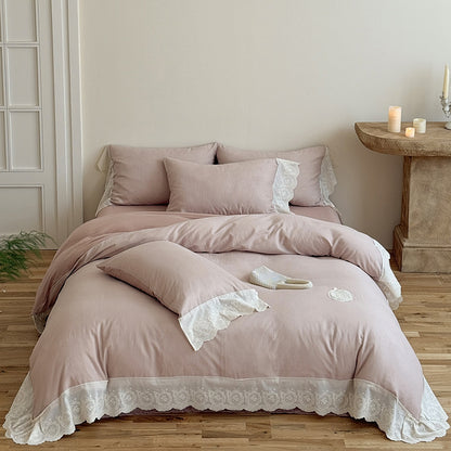Rüsch Lace-Trim Baumwolle Duvet Cover Bettwäsche Set mit gewelltem gesticktem Saum