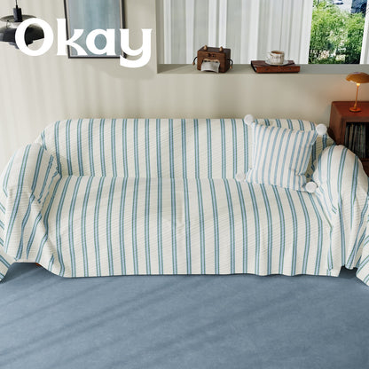 Striped Quilted Sofa Slipcover with Pom-Pom Accent Pillowcase
