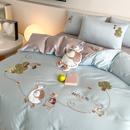 Kinder Cartoon Gans Bestickte Baumwollsataen Bettbezug Set