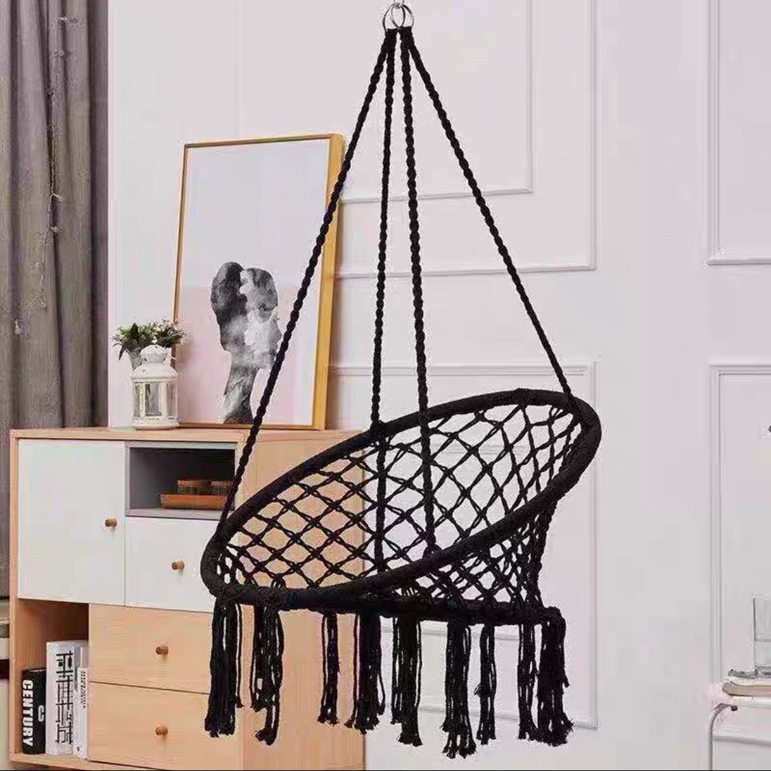 Boho Makramee hängender Sch swingstuhl mit Kunstfellkissen und Fransen Brehn