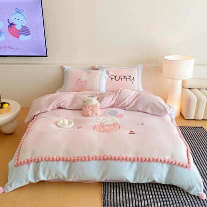 Kinderbettwäsche-Set mit Teddy-Fleece-Decke, Pompon-Saum und niedlichem Welpen-Motiv