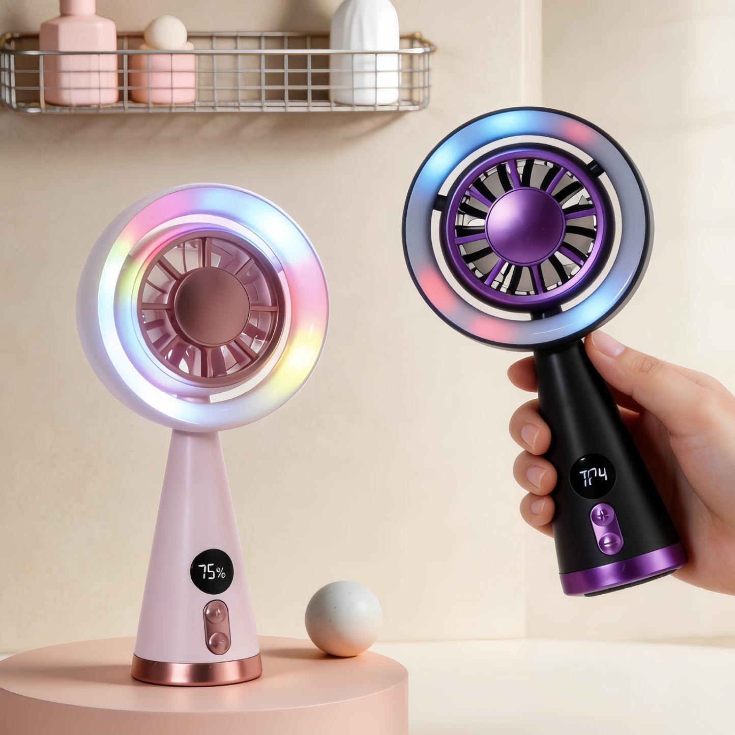 Damen Tragbarer Mini-Ventilator mit LED-Beleuchtung und digitaler Geschwindigkeitsanzeige Brehn