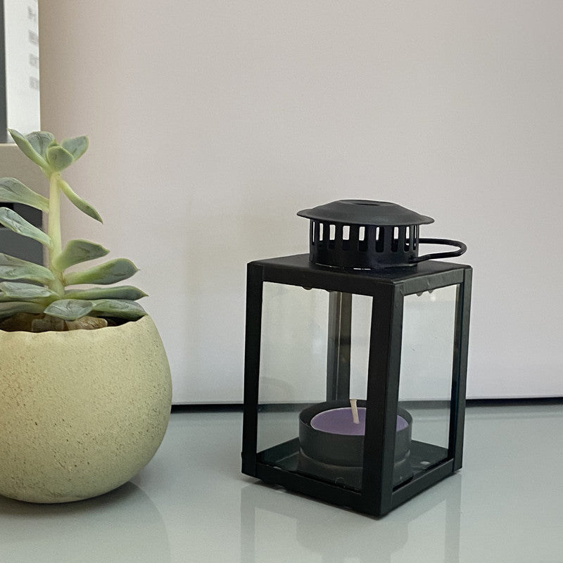 Mini Metall Teelicht Laterne mit Glasplatten und faltbarem Tragegriff Brehn