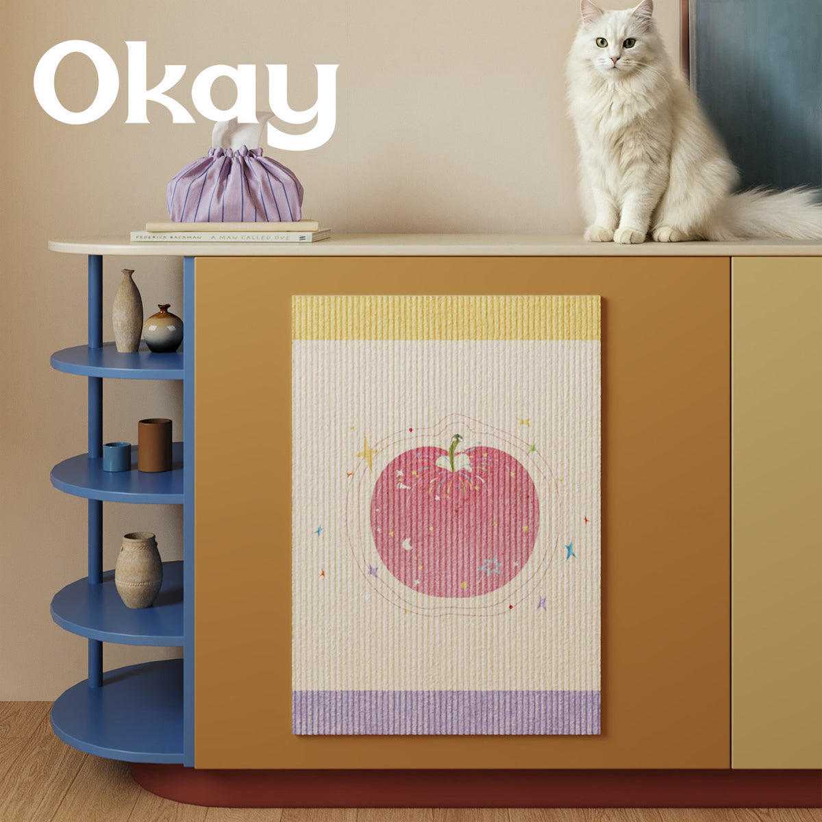 Vertical Ribbed Microfiber Cabinet Front Absorbent Mat with Apple & Swallow Illustration
