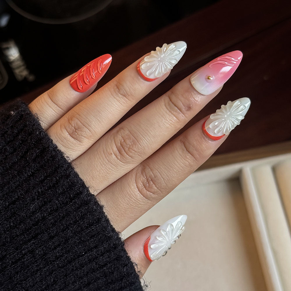 Handgefertigtes Blumen Press-On Nagelset Brehn