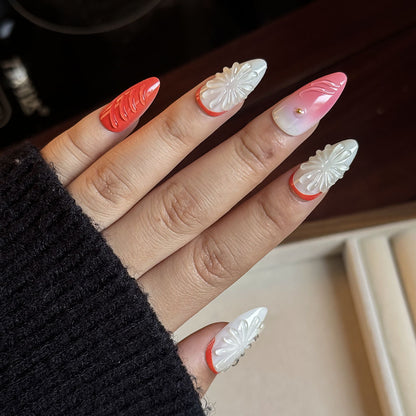 Handgefertigtes Blumen Press-On Nagelset Brehn