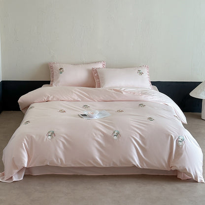 Seiden-Feeling Baumwoll-Satin Bestickte Hasen Bettdeckenbezug-Set