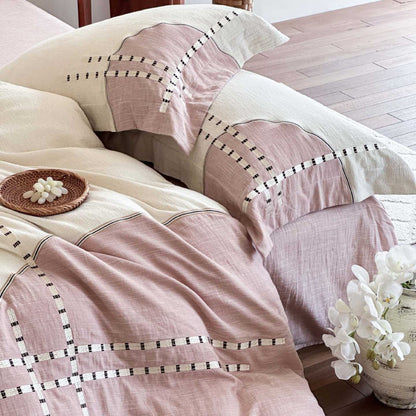 Baumwoll-Leinen Texturiertes Wendebettwäsche Set mit Patchwork-Stich Detail