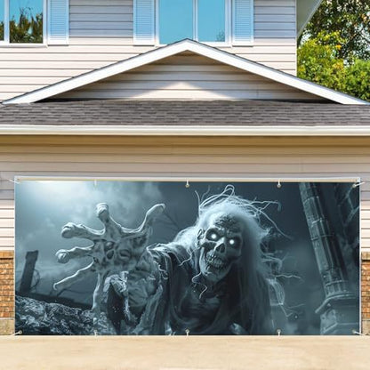 Großformatiger Halloween-Fotohintergrund aus wetterfestem Polyester mit geöstem Befestigungsrand und leuchtendem Haunted-House-Motiv