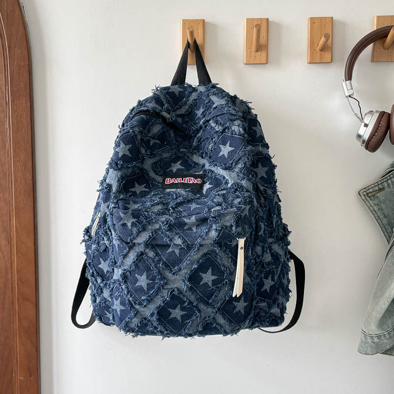 Distressed Star Pattern Denim Rucksack Brehn