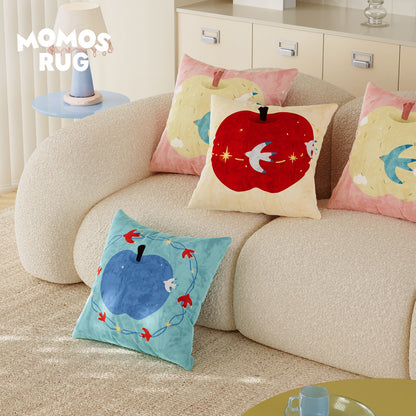 Decorative Velvet Square Throw Pillow with Illustrated Apple & Swallow Motif