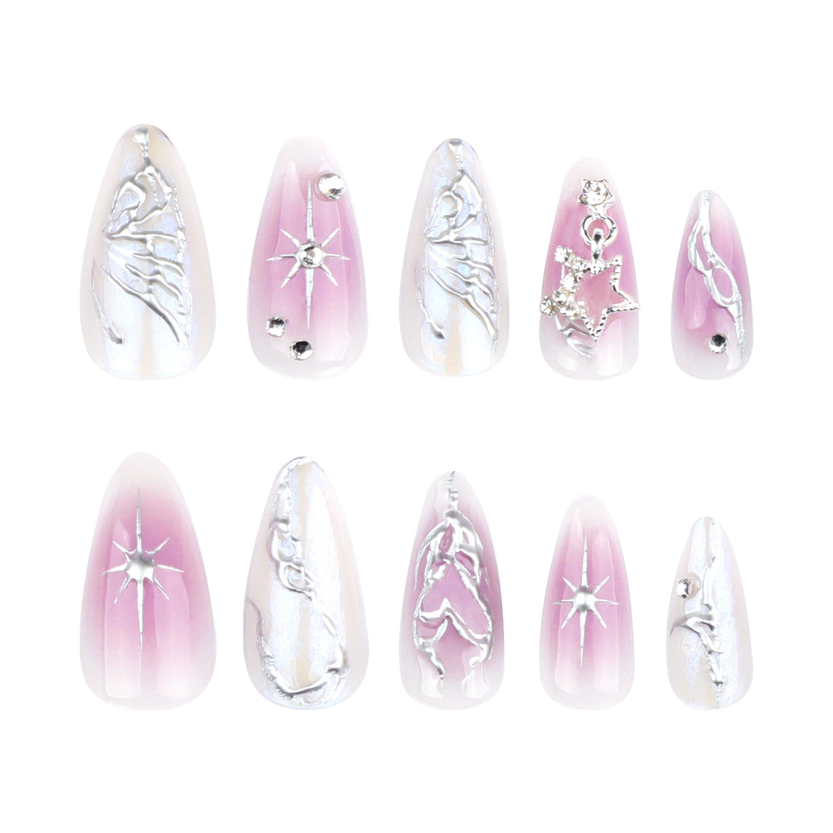 Kunstvolle Nagelkunst mit einzigartigen 3D-Verzierungen und Glitzerakzenten Brehn